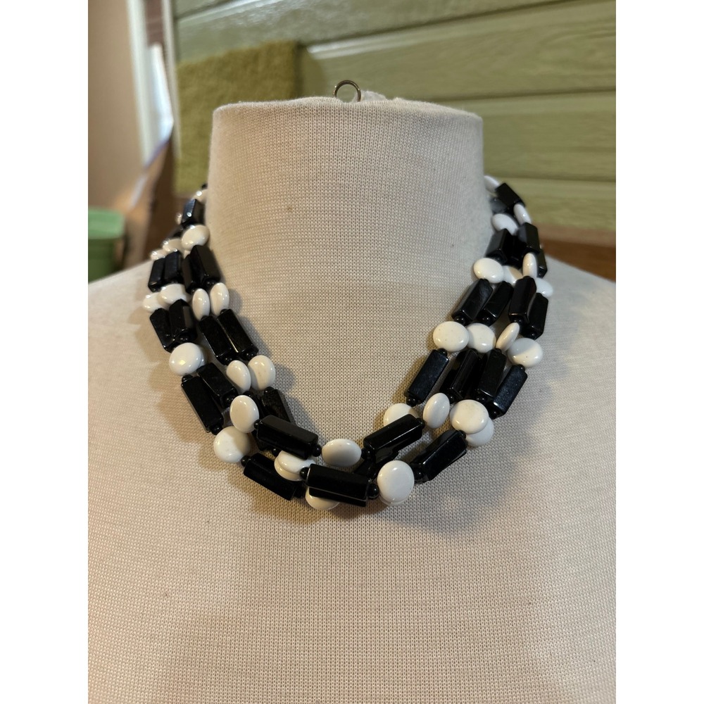 Multi Strand Black White Plastic Geometric Bead Statement Necklace Adjustable